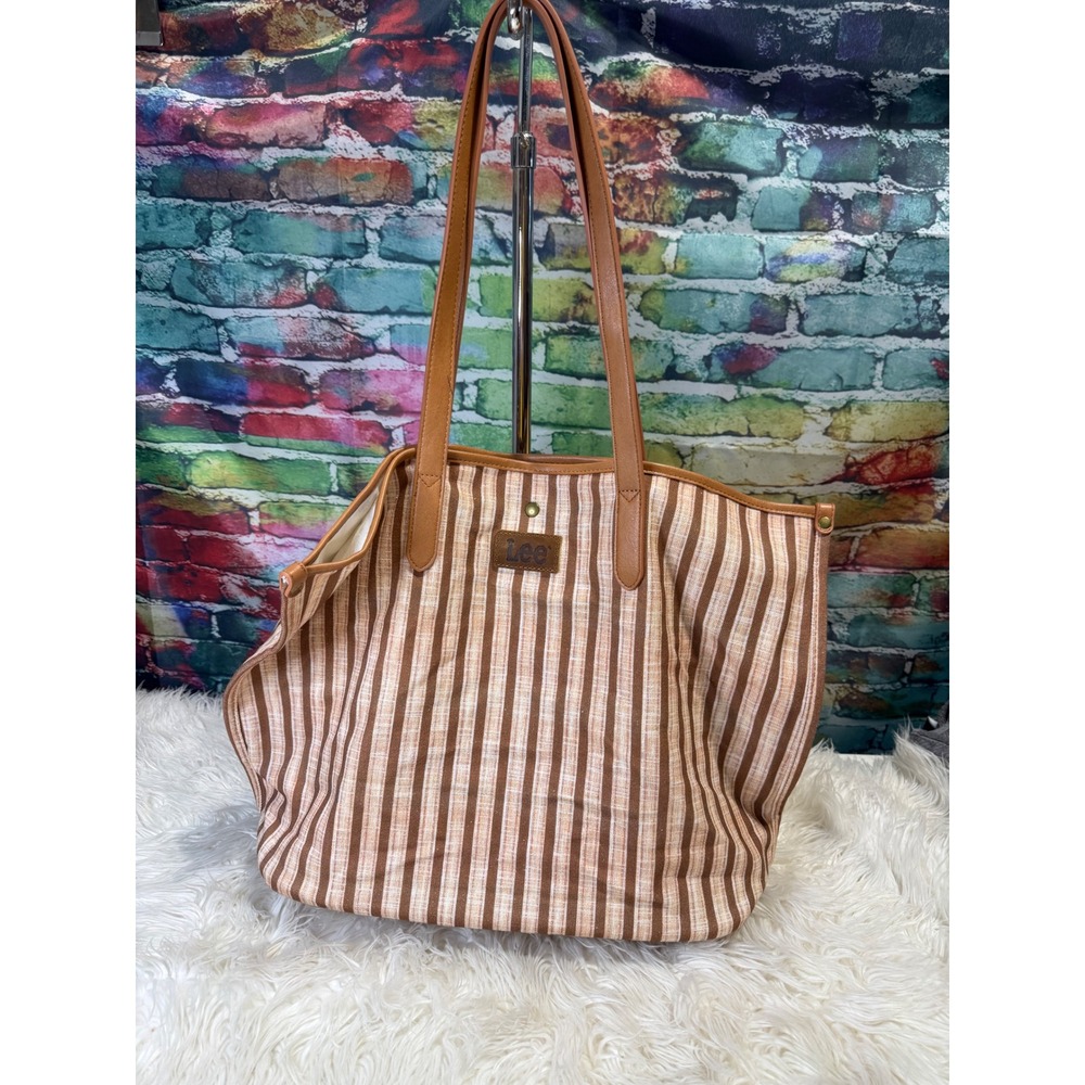 Lee Striped Canvas Tote Bag Brown Tan Faux Leather Trim Large Shoulder Handbag